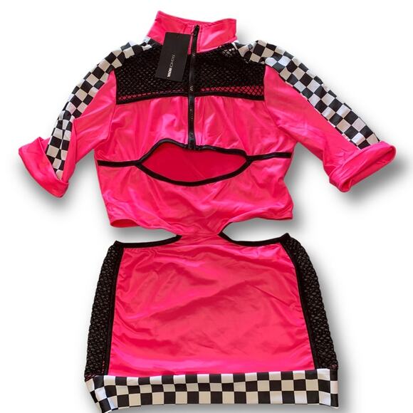 Checkered Mini Dress Fashion Nova The Finish Line Costume Pink Racer Girl Large - Picture 6 of 12